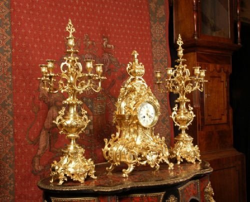 fig 1. *** SOLD *** Very Large Japy Freres Gilt Brass Rococo Clock Set, French - Circa 1880. 